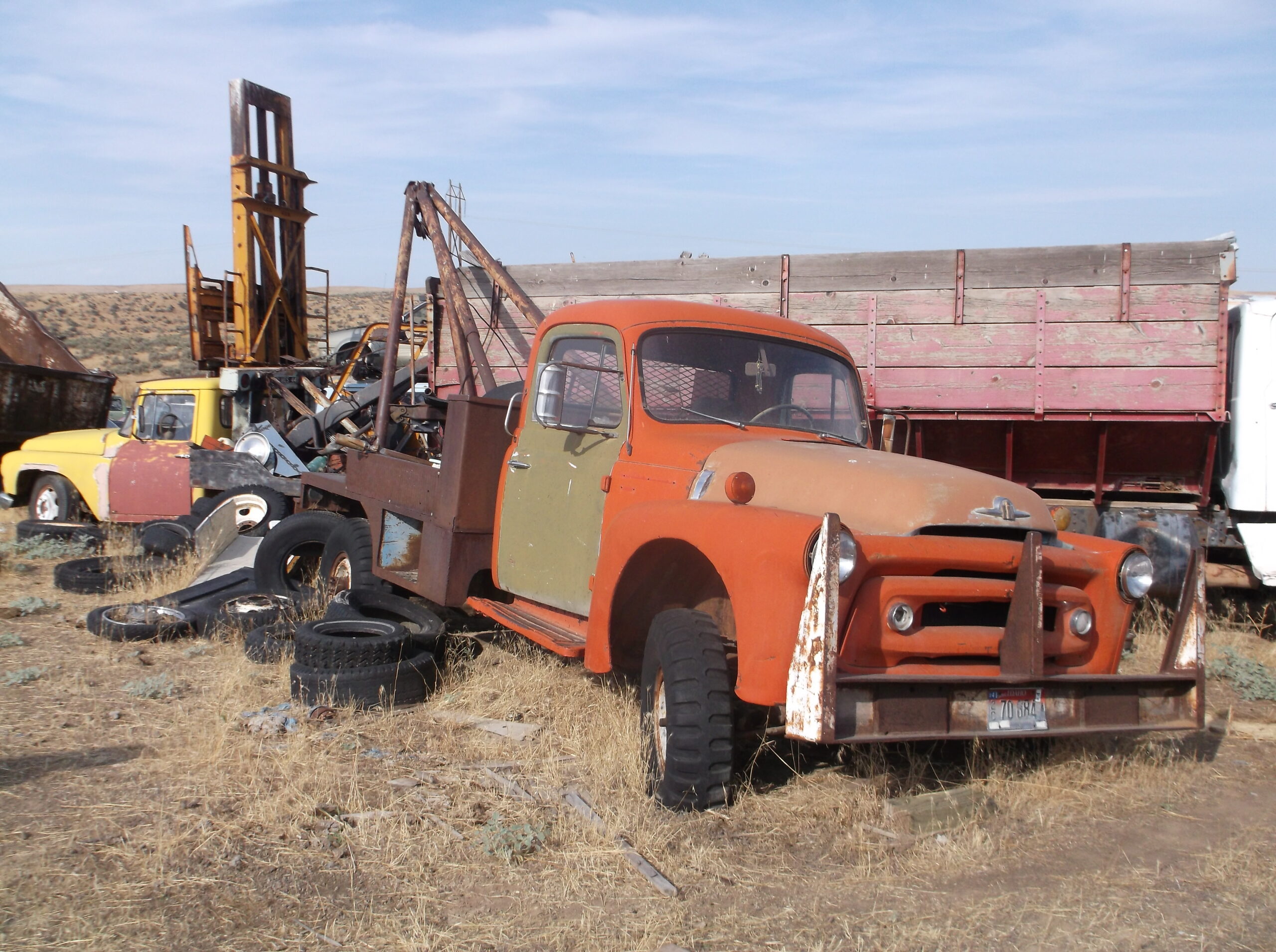 A vintage 1950s orange International Harvester truck with a mismatched green door and a massive, rusted steel front bumper, parked in a grassy junkyard.