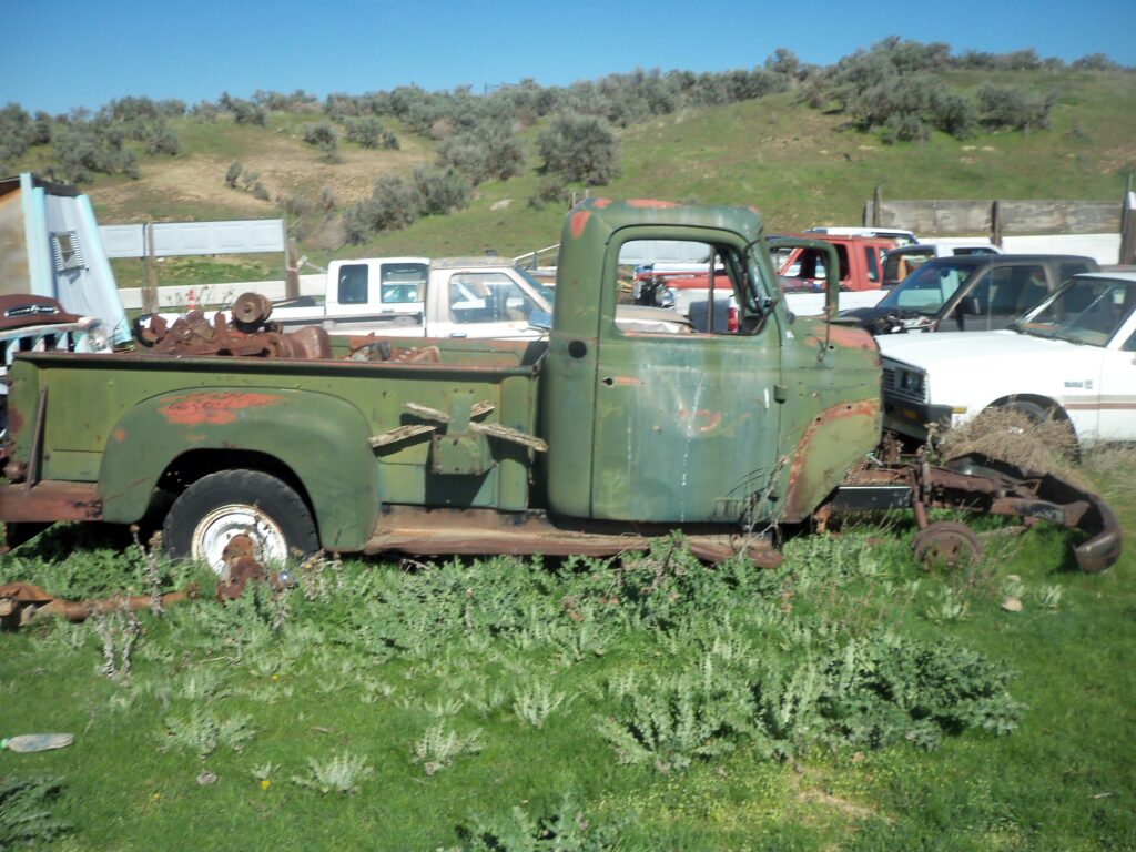 Side profile of a vintage green 1950s International Harvester pickup truck in a salvage yard, showing the cab, stepsidobed, and weathered patina.
